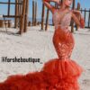 Orange Long Sleeves Mermaid Prom Dresses Beads Appliques Sequin