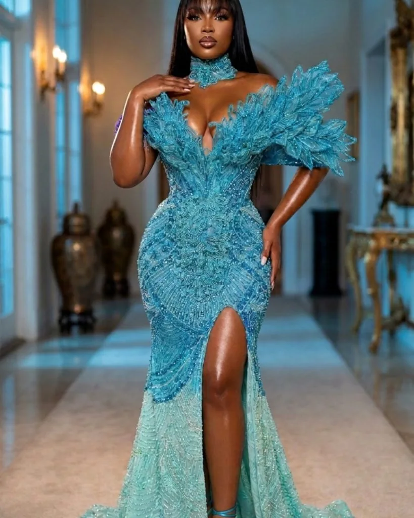 Turquoise Sculptural Beaded High Slit Gown