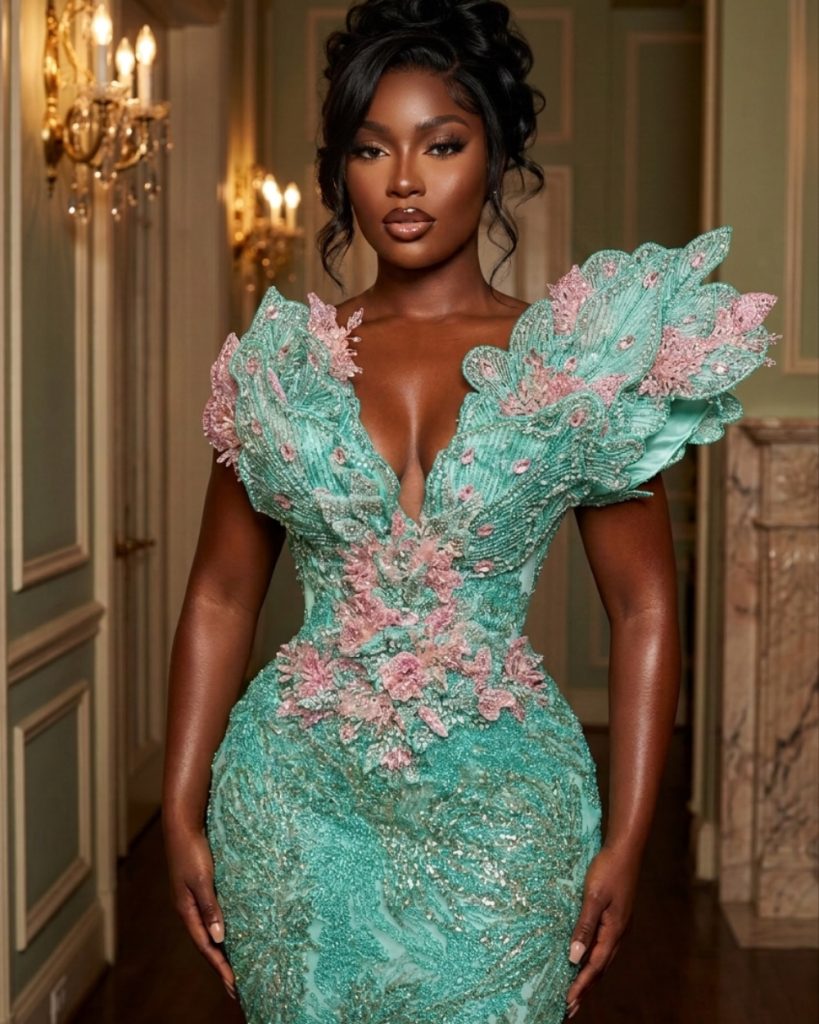 Sculpted Mint and Rose Botanical Couture Gown